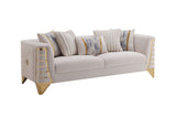 Beige sofa with decorative pillows on a white background