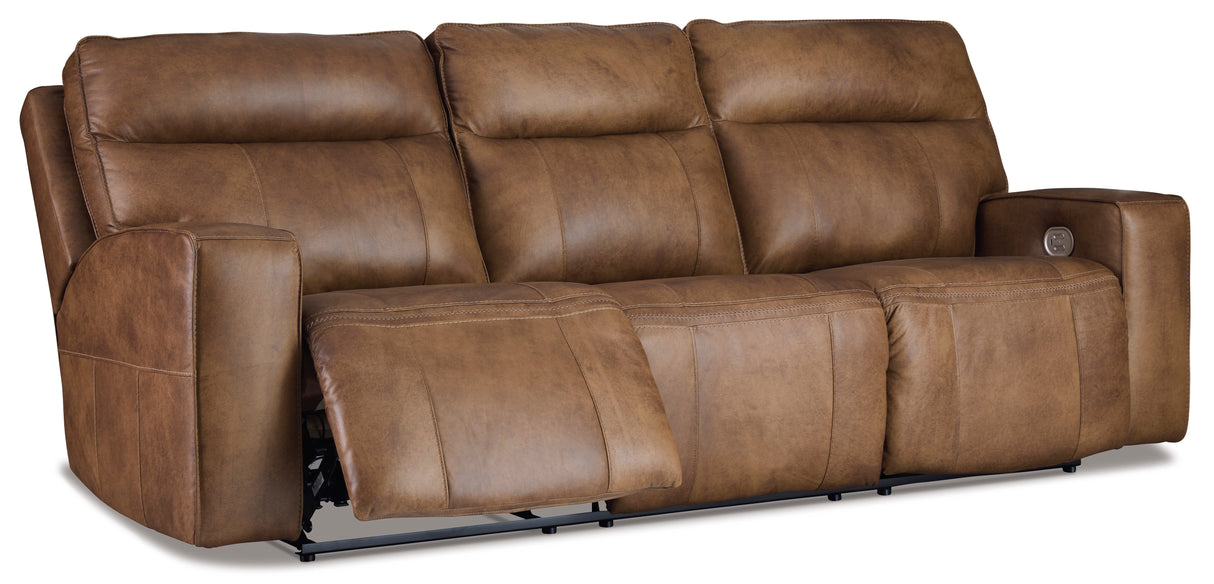 Game Plan Power Reclining Sofa with Adjustable Headrests in Caramel Leather by Ashley - side open