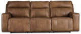 Game Plan Power Reclining Sofa with Adjustable Headrests in Caramel Leather by Ashley - Front