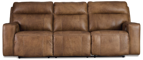 Game Plan Power Reclining Sofa with Adjustable Headrests in Caramel Leather by Ashley - Front