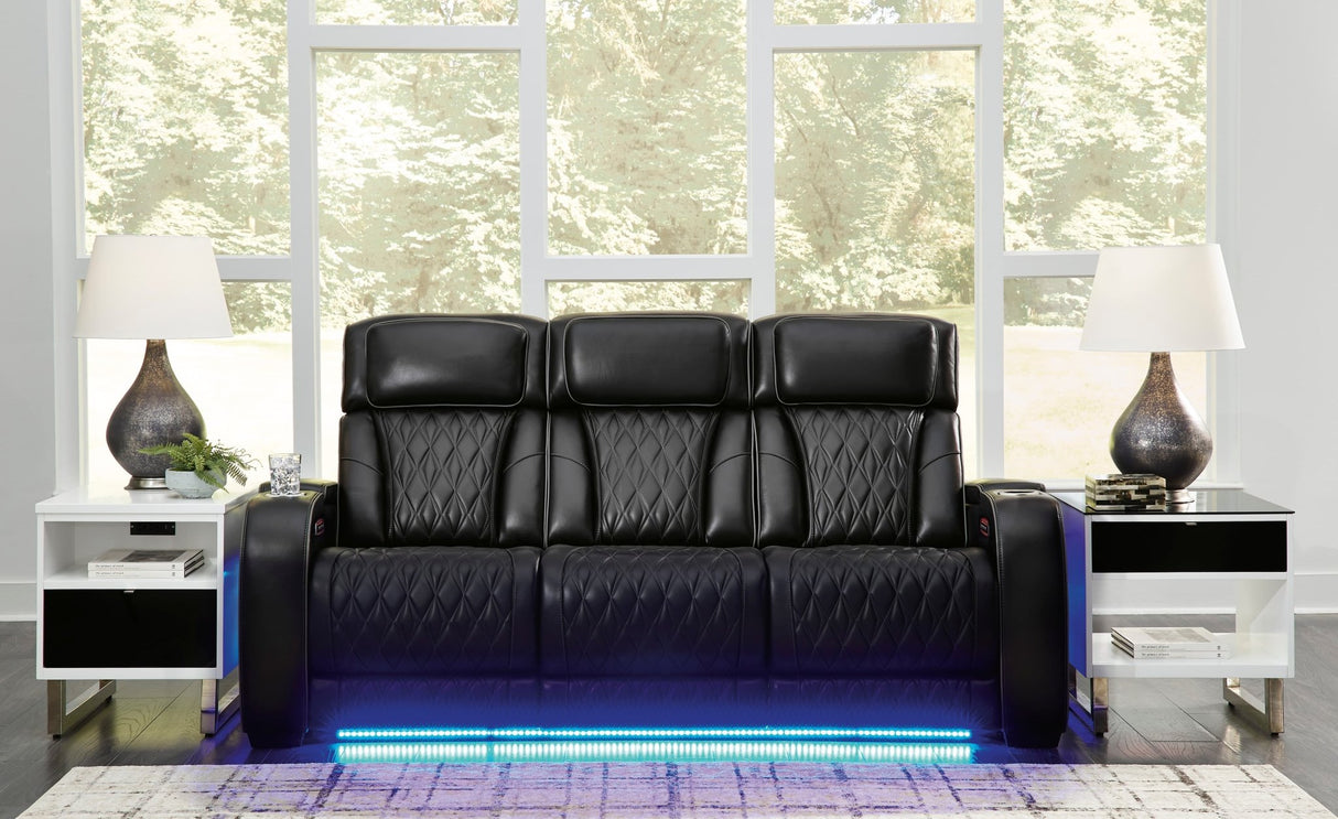 Boyington Power Reclining Sofa with Adjustable Headrests in Black Leather by Ashley | Home Elegance USA