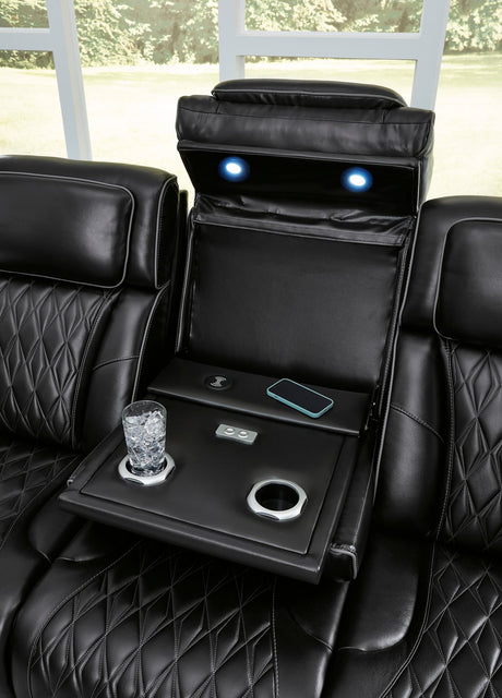 Boyington Power Reclining Sofa with Adjustable Headrests in Black Leather by Ashley | Home Elegance USA