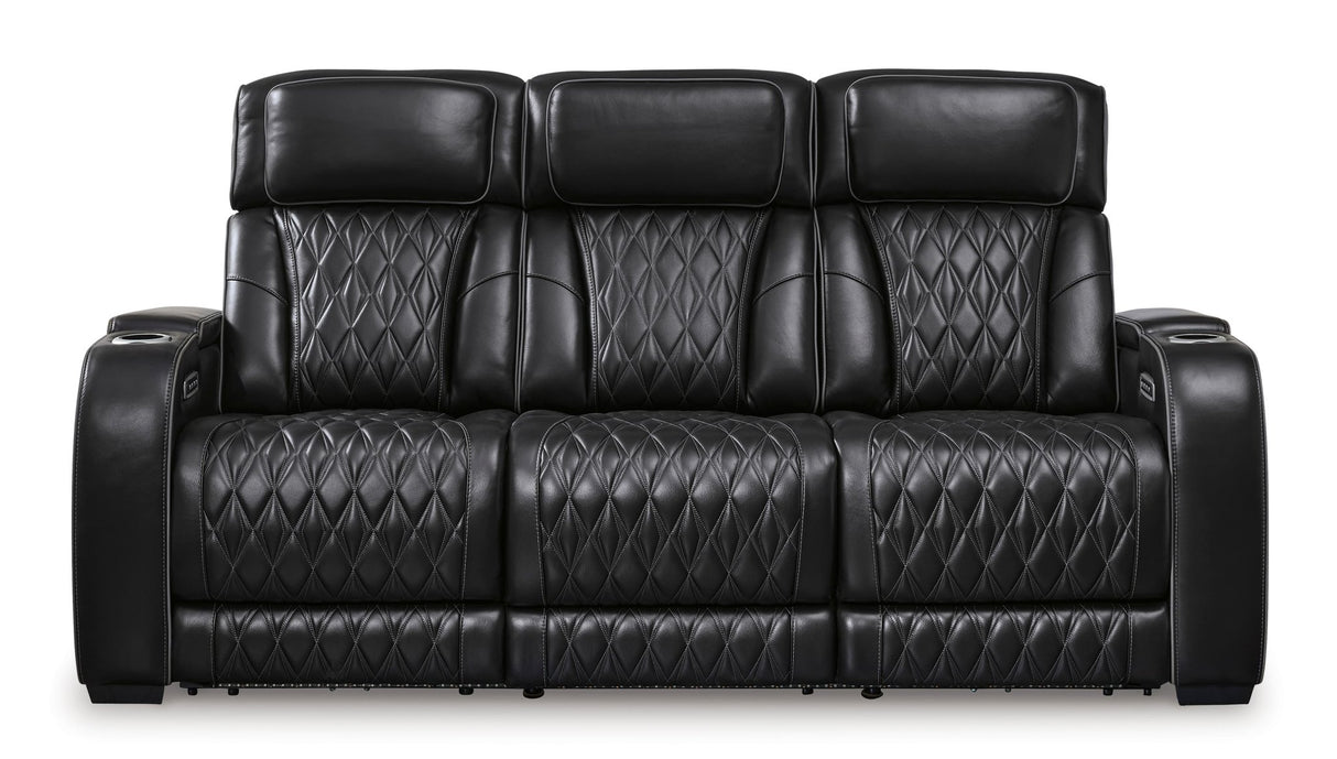 Boyington Power Reclining Sofa with Adjustable Headrests in Black Leather by Ashley | Home Elegance USA