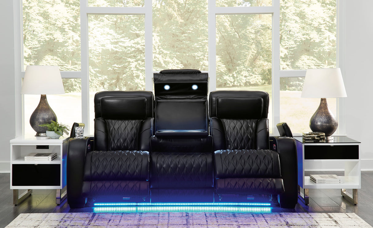 Boyington Power Reclining Sofa with Adjustable Headrests in Black Leather by Ashley