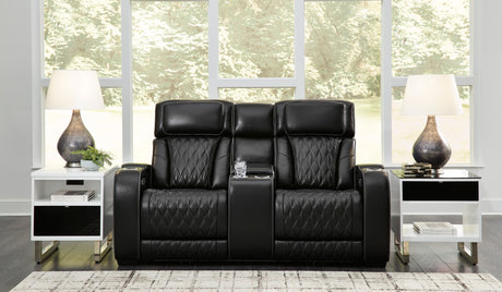 Ashley Boyington Power Reclining Loveseat Black Leather with Console & Massage - Home Elegance USA