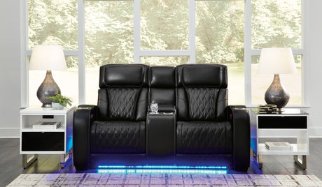 Ashley Boyington Power Reclining Loveseat Black Leather with Console & Massage - Home Elegance USA