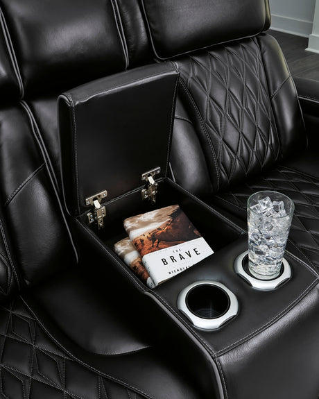 Ashley Boyington Power Reclining Loveseat Black Leather with Console & Massage - Home Elegance USA