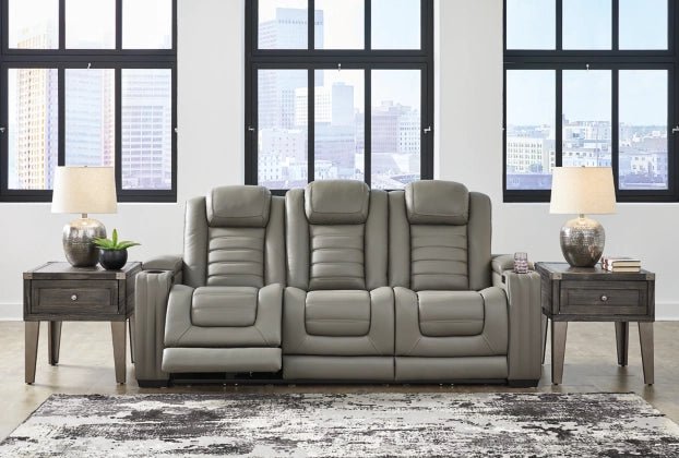 Ashley Backtrack Power Reclining Sofa with Adjustable Headrest - Gray Leather | Home Elegance USA