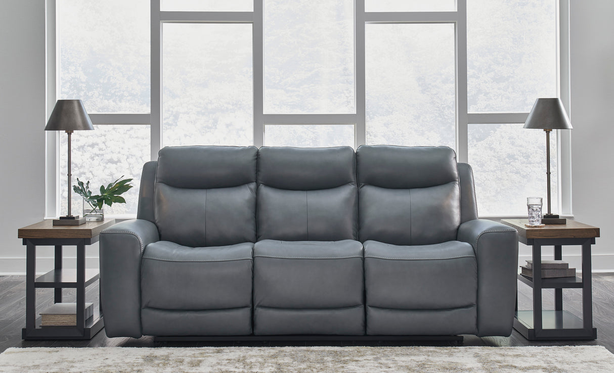 Power Reclining Sofa Steel Mindanao Adjustable Headrest Gray Leather - Ashley - Home Elegance USA