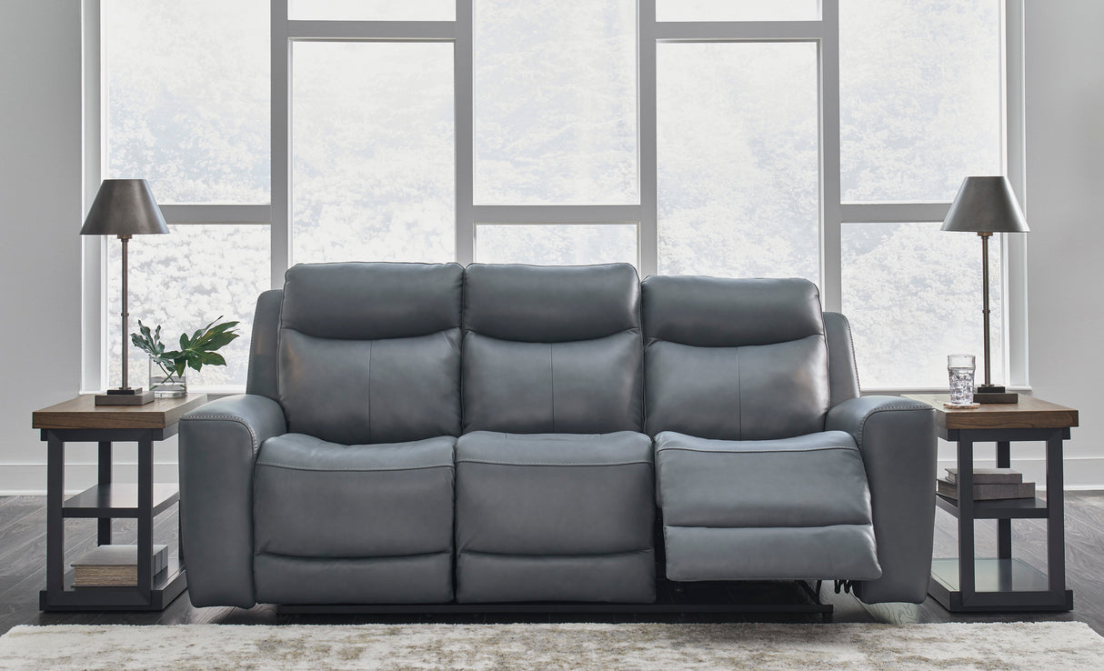 Power Reclining Sofa Steel Mindanao Adjustable Headrest Gray Leather - Ashley - Home Elegance USA