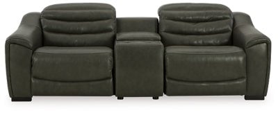 Ashley Dark Gray Center Line U63404S2 3 - Piece Power Reclining Loveseat with Console - Leather | Home Elegance USA