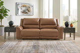 Power Reclining Sofa Caramel Trasimeno 2-Seat Adjustable Headrest Leather - Ashley - Home Elegance USA