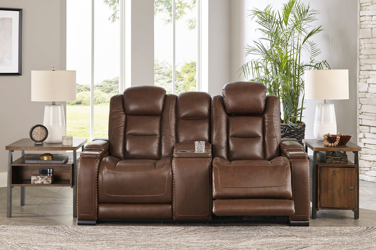 Ashley Mahogany The Man - Den PWR REC Loveseat/CON/ADJ HDRST - Leather | Home Elegance USA