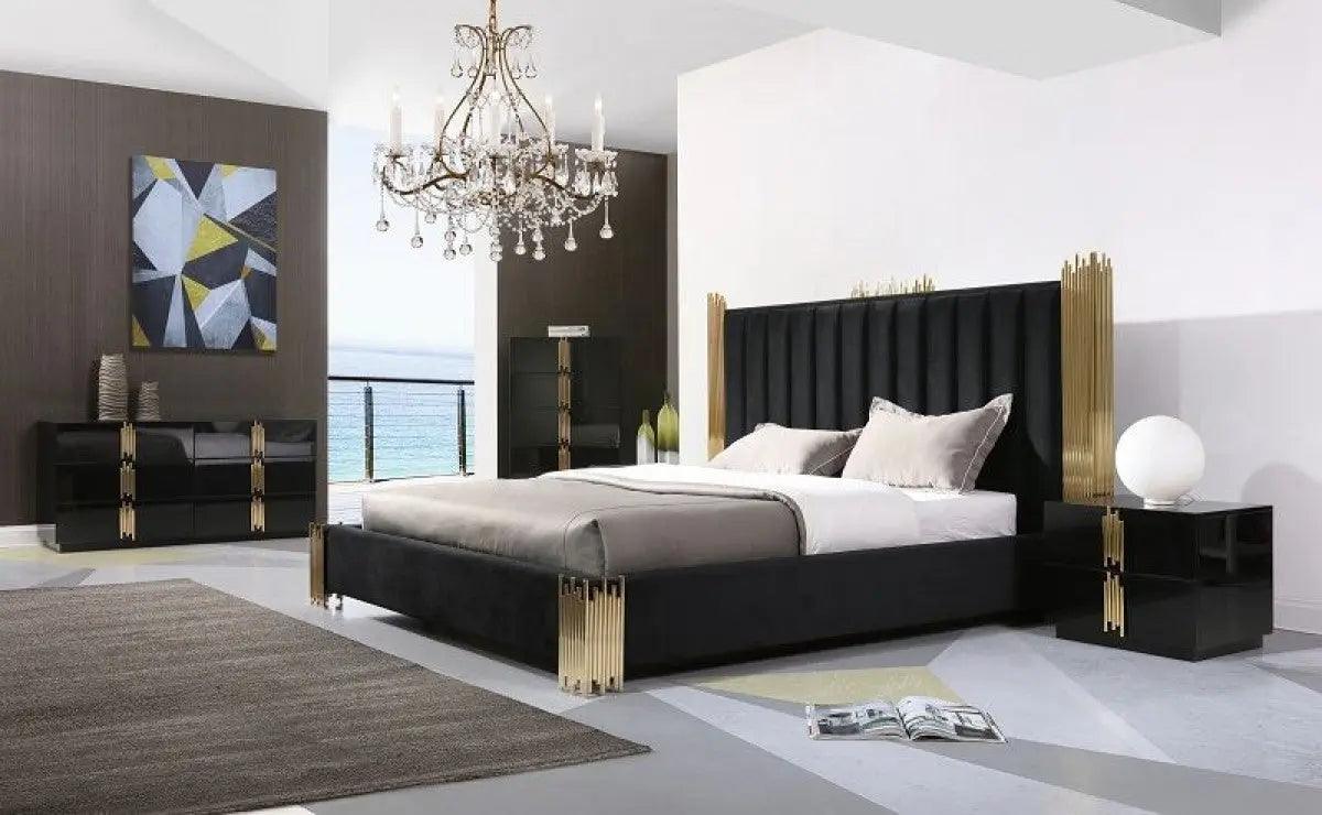 Vig Furniture - Modrest Token Modern Black Gold Bed And 2 Nightstands - Vgvcbd815-Blk-Bed-2Ns-Set