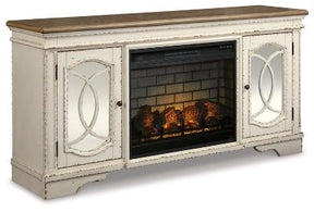 Ashley Chipped White Realyn W743W2 74" TV Stand with Electric Fireplace | Home Elegance USA