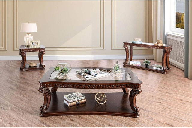 Walworth Traditional Dark Oak Tempered Glass Top Coffee Table Set 3pcs by Furniture of America Furniture of America
