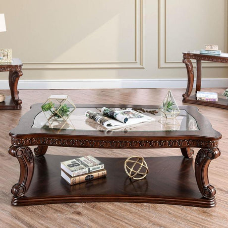 Walworth Traditional Dark Oak Tempered Glass Top Coffee Table Set 3pcs by Furniture of America Furniture of America