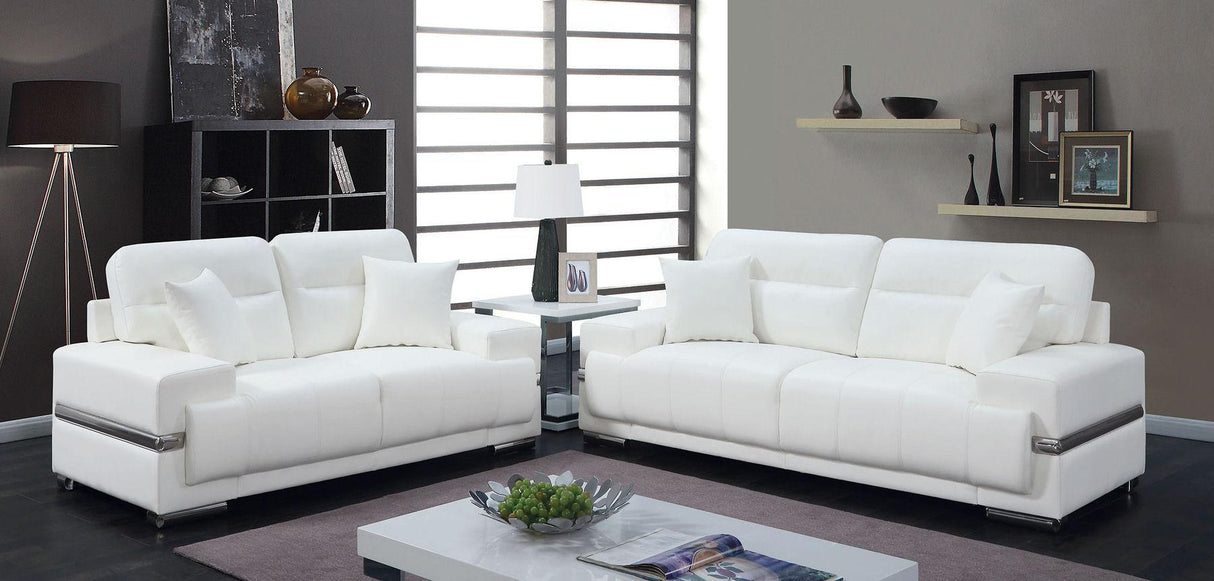 Zibak Contemporary White & Chrome Breathable Leatherette Living Room Set by Furniture of America Furniture of America