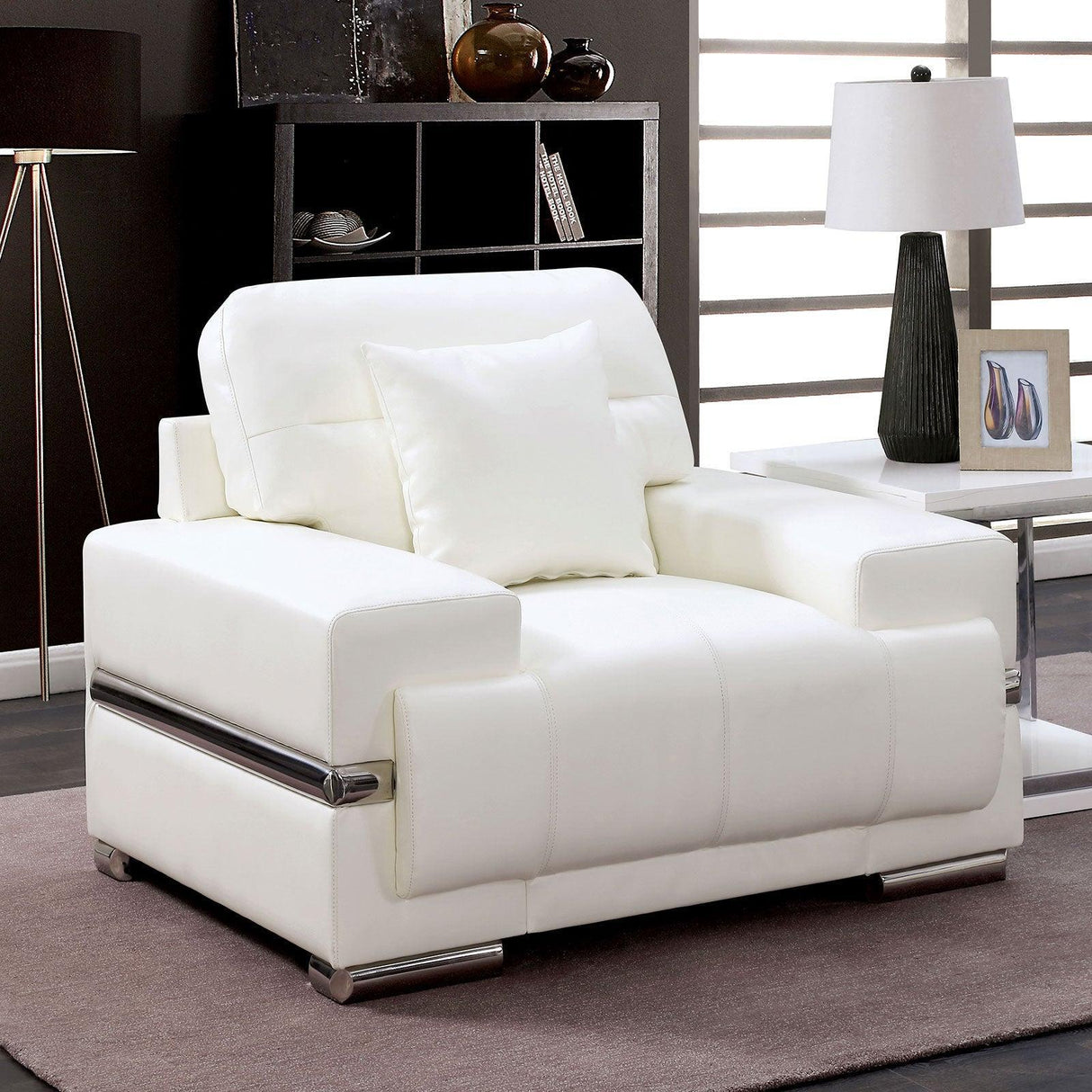 Zibak Contemporary White & Chrome Breathable Leatherette Living Room Set by Furniture of America Furniture of America