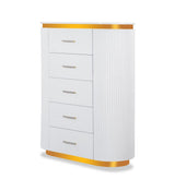 White dresser with gold accents on a white background
