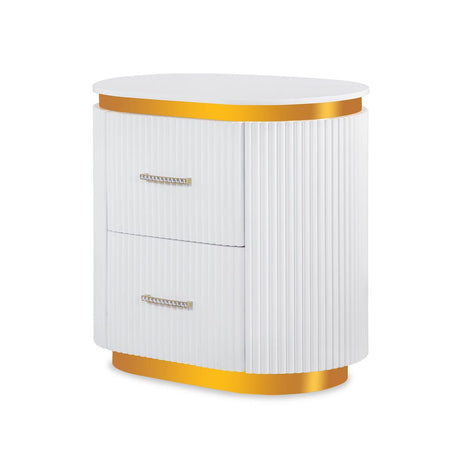 White cylindrical product with gold accents on a white background