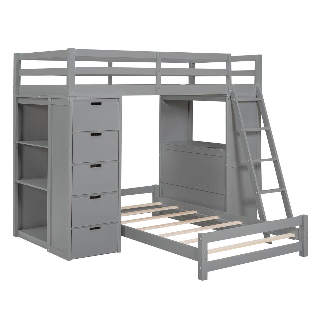 Twin over Twin Bunk Bed with LED Light and USB Ports, Gray - Home Elegance USA