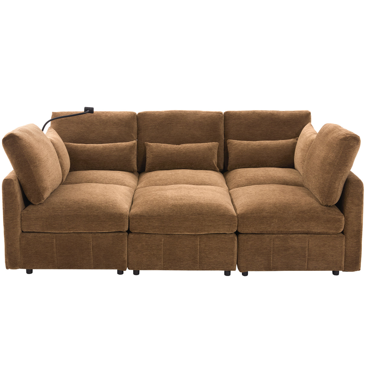 Modern Sectional Sofa Modular Sofa 85.4' U-shaped Sofa Couch with Movable Ottoman, USB Ports, Phone Holder, Brown Chenille