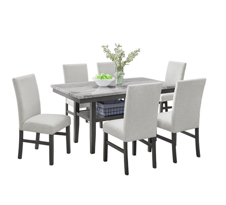 Selena 7-Piece 60' Rectangular Gray Faux Marble Top Dining Set with 6 Upholstered Chairs and Storage Shelf in Gray Finish - sold by Home Elegance USA