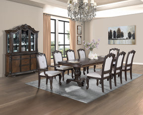 Formal 9pc Rectangular Dining Table 18' Extendable Leaf Side Chair Arm Chair Rich Dark Coffee Brown Finish Intricately Carved Double Pedestal Base Solid Wood Dining Set - sold by Home Elegance USA
