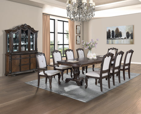 Formal 5pc Rectangular Dining Table 18' Extendable Leaf Side Chair Arm Chair Rich Dark Coffee Brown Finish Intricately Carved Double Pedestal Base Solid Wood Dining Set - sold by Home Elegance USA