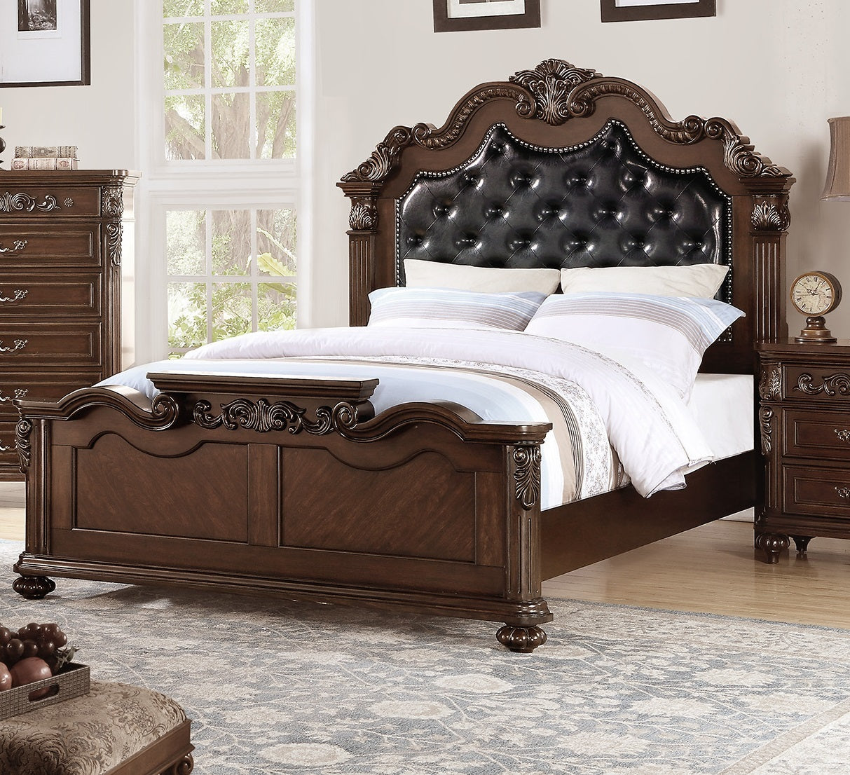 Gorgeous Traditional Antique Cherry 1pc Queen Size Bed Tufted Faux Leather Headboard Wooden Bedframe