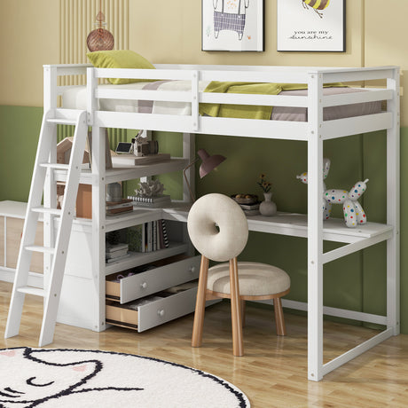 Twin Size Loft Bed with Desk and Shelves, Two Built-in Drawers, White(Old SKU: GX000423AAK)