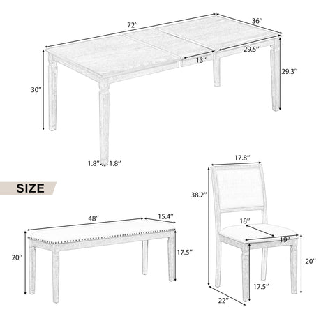 TREXM Vintage Extendable Dining Table Set for 6 with 4 Chairs & Bench, 59 to 72-Inch Rustic Farmhouse Kitchen Table Set with Distressed Finish and Retro Carved Legs (Washed White) - sold by Home Elegance USA
