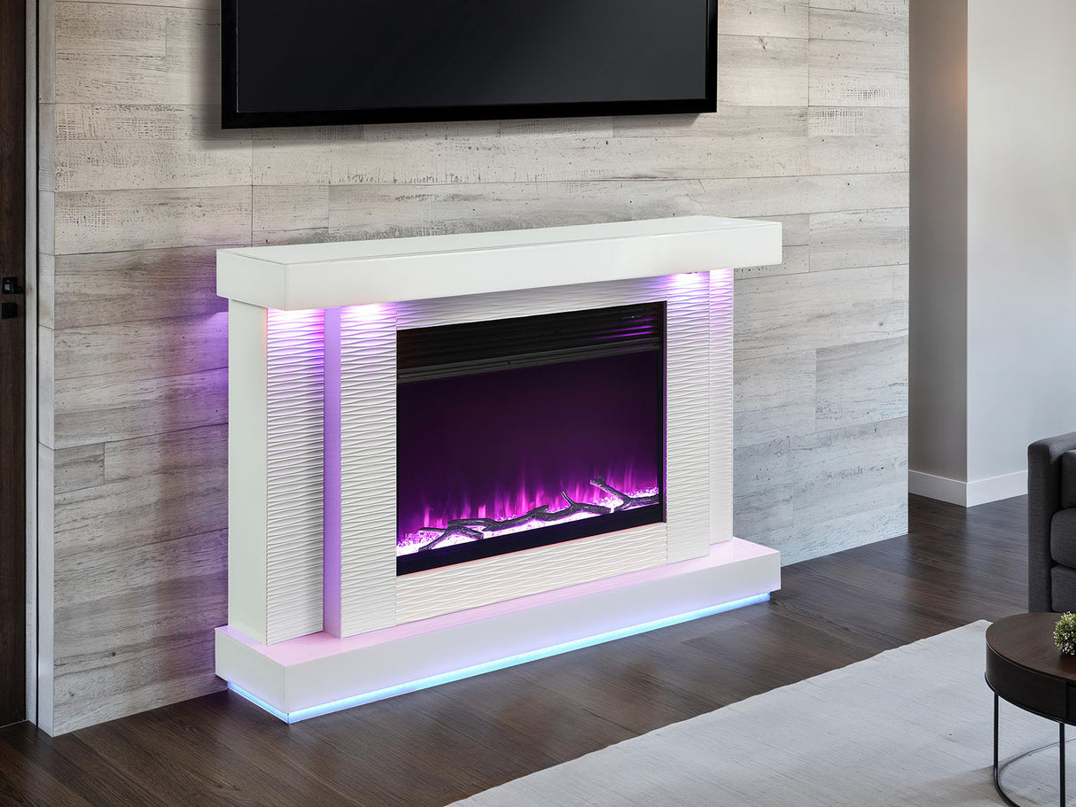 Contemporary Style TV Stand Electric Fire Place 3-Level Brightness Setting Room Temperature Control White Finish Primary Living Room