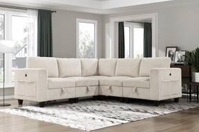 5-Piece Modular Sectional with Storage Seats, Side Pockets, Charging Ports Beige Corduroy Fabric Modern Living Room Sectional Couch Solid Wood Furniture - sold by Home Elegance USA