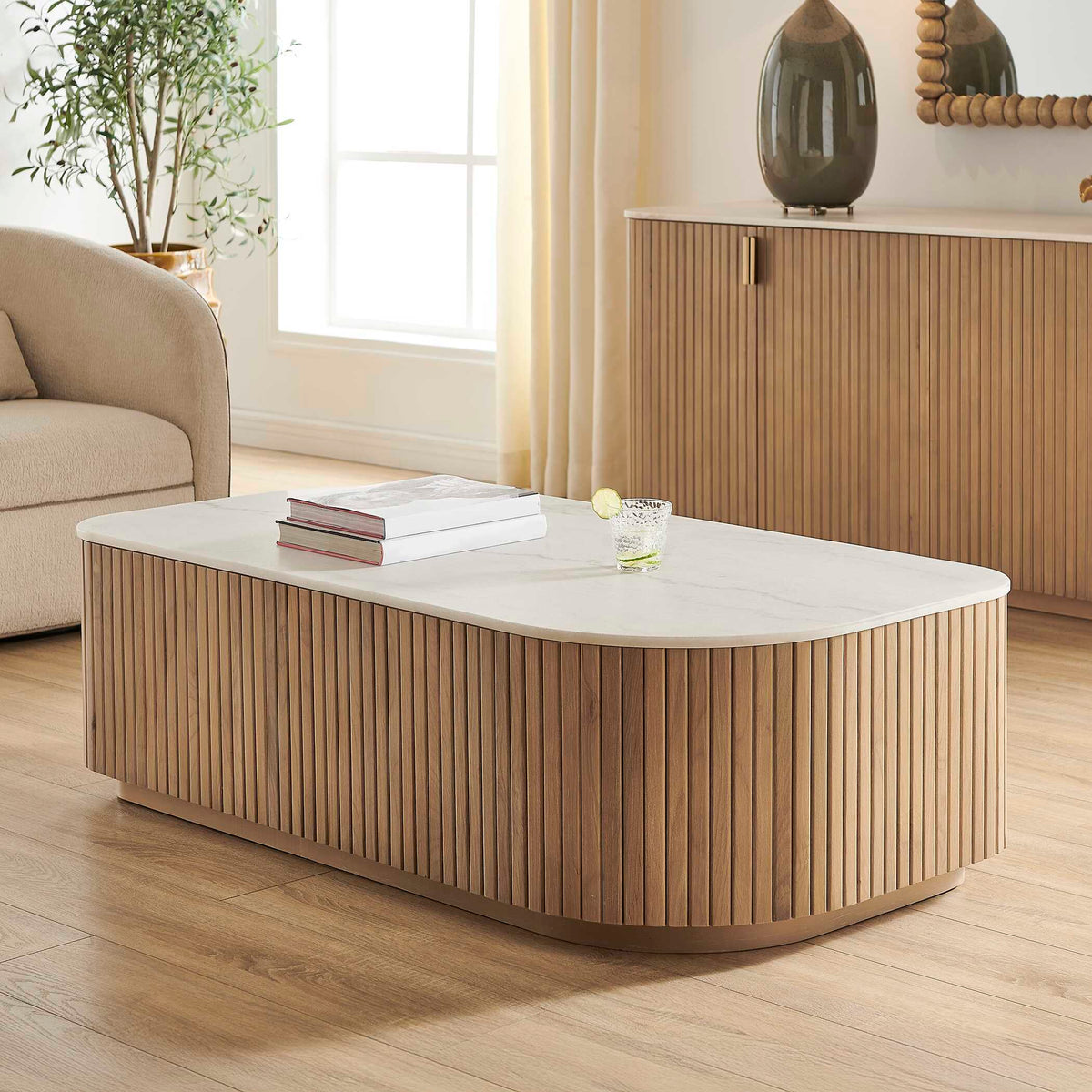 Arik Marble Top Coffee Table White / Woodtone - Light Brown / White by Uttermost - View 3