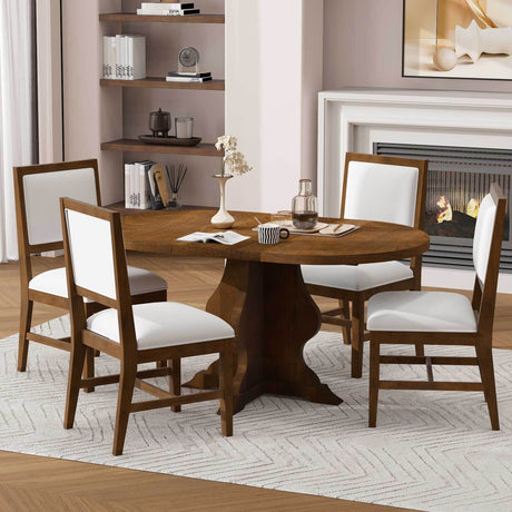 TREXM Farmhouse 5-Piece Dining Table Set with 4 Upholstered Chairs, Wood Extendable Dining Table with 15.7' Leaf for Extra Seating for Dining Room, Kitchen and Living Room (Brown) - sold by Home Elegance USA