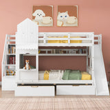 Full-Over-Full Castle Style Bunk Bed with 2 Drawers 3 Shelves and Slide - White - Home Elegance USA