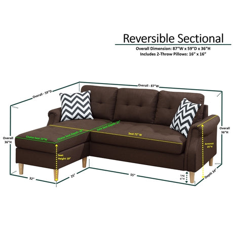 Living Room Corner Sectional Dark Coffee Polyfiber Chaise sofa Reversible Sectional - sold by Home Elegance USA
