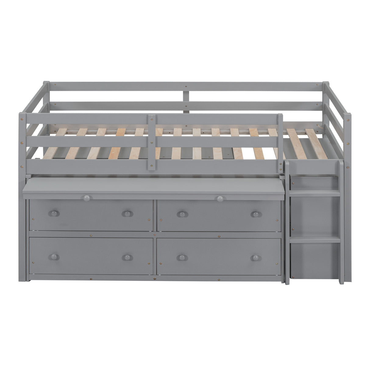 Twin Size Loft Bed with Retractable Writing Desk and 4 Drawers, Wooden Loft Bed with Lateral Portable Desk and Shelves, Gray - Home Elegance USA