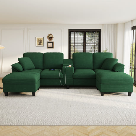Modern Green U-shaped Sectional Sofa with Corduroy Upholstery, Hidden Storage Ottomans, USB Ports, and Cup Holders, 116.9' - sold by Home Elegance USA