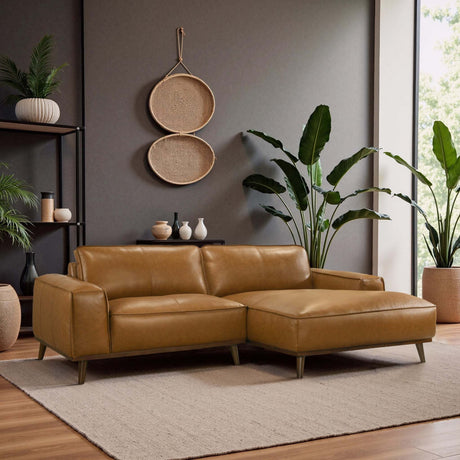 Kerrville Tan Leather Right Sectional Sofa with Mid-Century Modern Design, Genuine Top Grain Leather, Walnut-Finished Wood Legs, 98-Inch Width - sold by Home Elegance USA