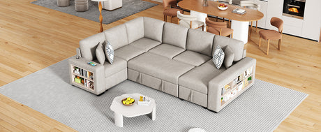 Beige Chenille U-Shaped Sectional Sofa with Pull-out Bed, USB Ports, Storage Chaise & Back Pillows - sold by Home Elegance USA