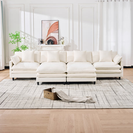 140.9-inch U-shaped modular sectional sofa, suitable for living room or bedroom. It comes with 2 movable ottomans, 4 cushions and 2 throw pillows. Made of soft cashmere fabric, in beige - sold by Home Elegance USA