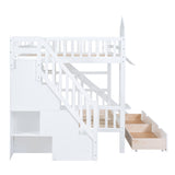 Full-Over-Full Castle Style Bunk Bed with 2 Drawers 3 Shelves and Slide - White - Home Elegance USA