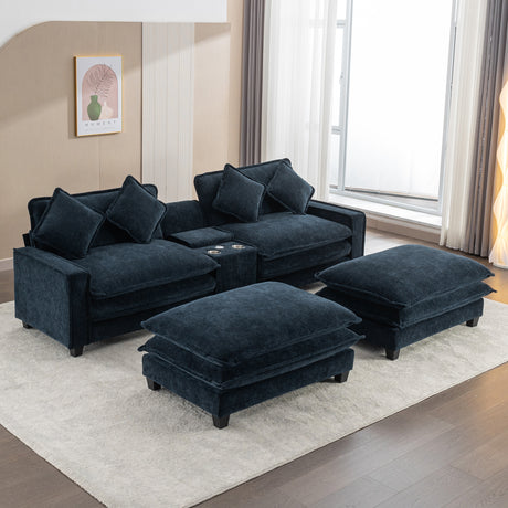 Contemporary Chenille Upholstered Sectional Sofa with Ottomans, USB Ports, Cup Holders & Storage, Blue - sold by Home Elegance USA