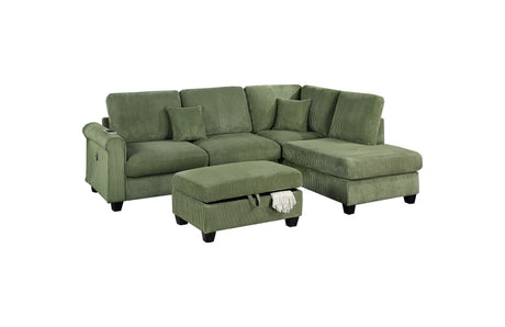 Gorgeous Sage Color 3pc Sectional Set Corduroy Upholstered LAF Sofa RAF Chaise Ottoman L-Sectional Living Room Furniture - sold by Home Elegance USA