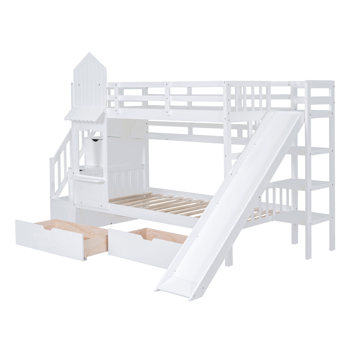 Twin-Over-Twin Castle Style Bunk Bed with 2 Drawers 3 Shelves and Slide - White - Home Elegance USA