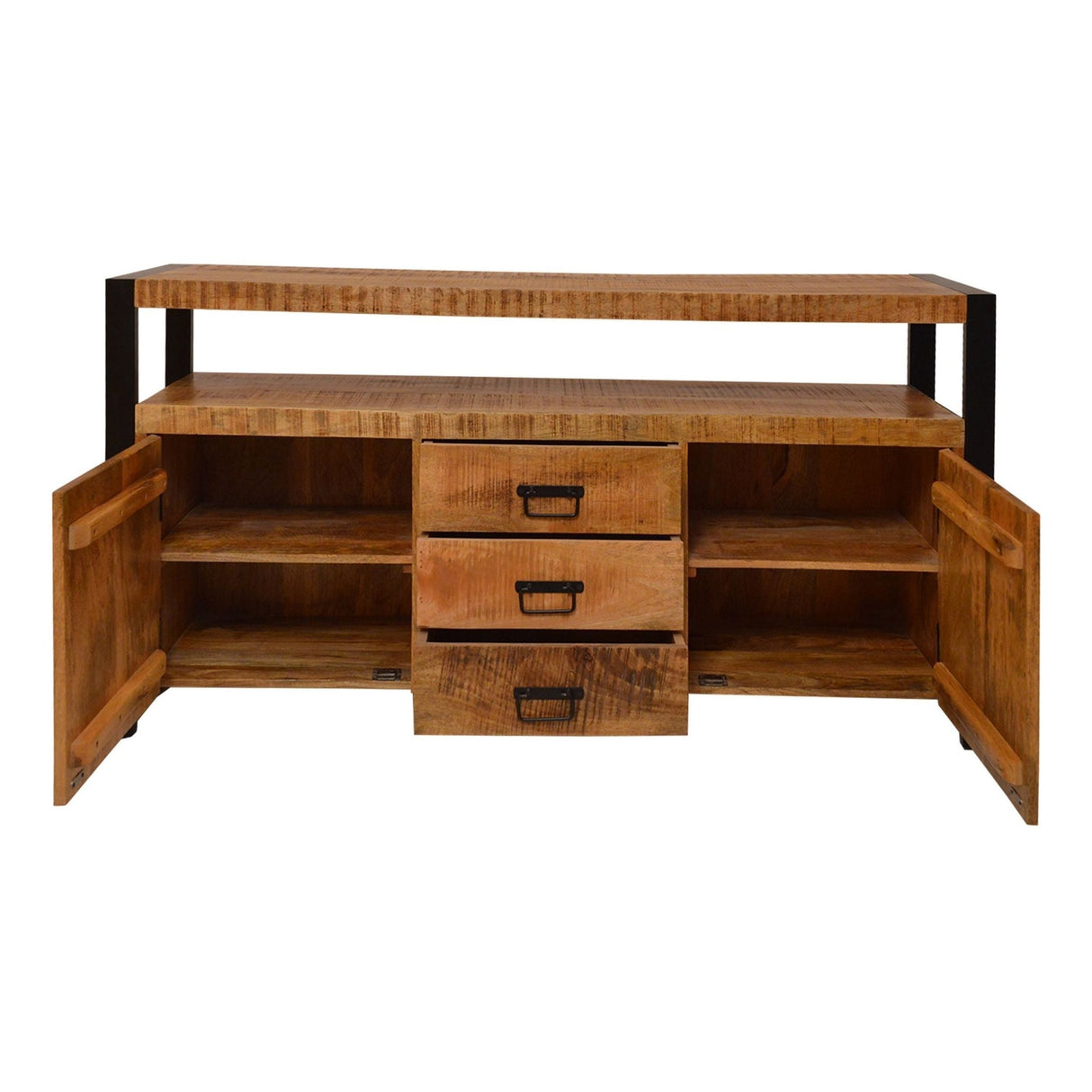 60 Inch 2 Door Mango Wood Media Console TV Stand, 3 Drawers, Brown and Black Home Elegance USA