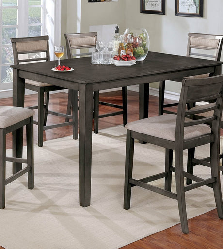 7pc Counter Height Dining Table Set 1x Table 6x Chairs Transitional Style Weathered Gray And Beige Finish Padded Cushion Slat Back Chairs - sold by Home Elegance USA